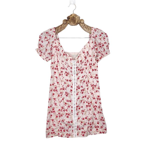 Urban Outfitters Puff Sleeve Cotton Mini Dress Fan Floral Pink Red Large - Picture 9 of 9